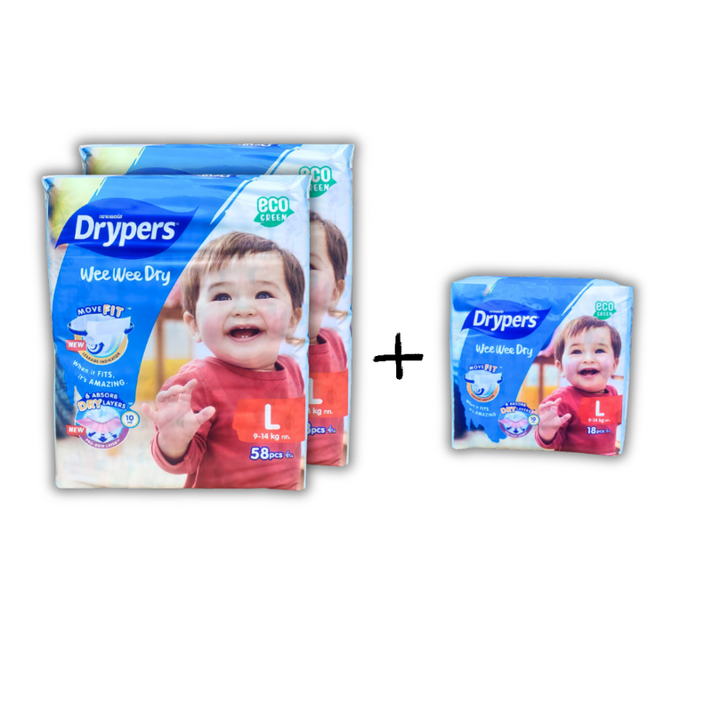 Drypers Wee Wee Dry Mega L  2x 58s Free L18s Twin Pack Bundle [134 pieces]