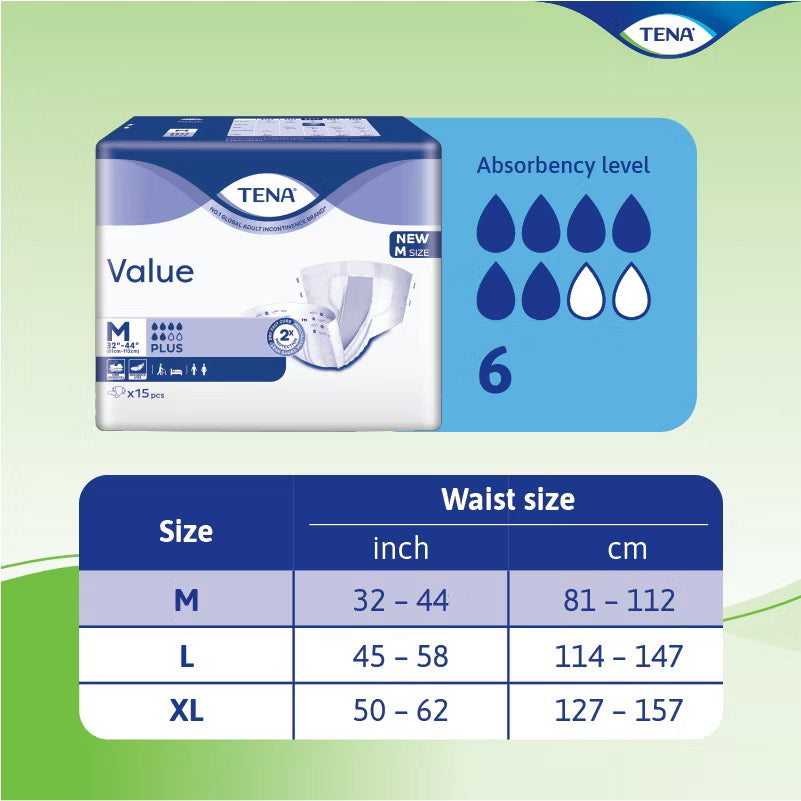 Tena Value Adult Diaper (Tape) - Reliable Incontinence Protection for Everyday Comfort - M10/L8/XL8