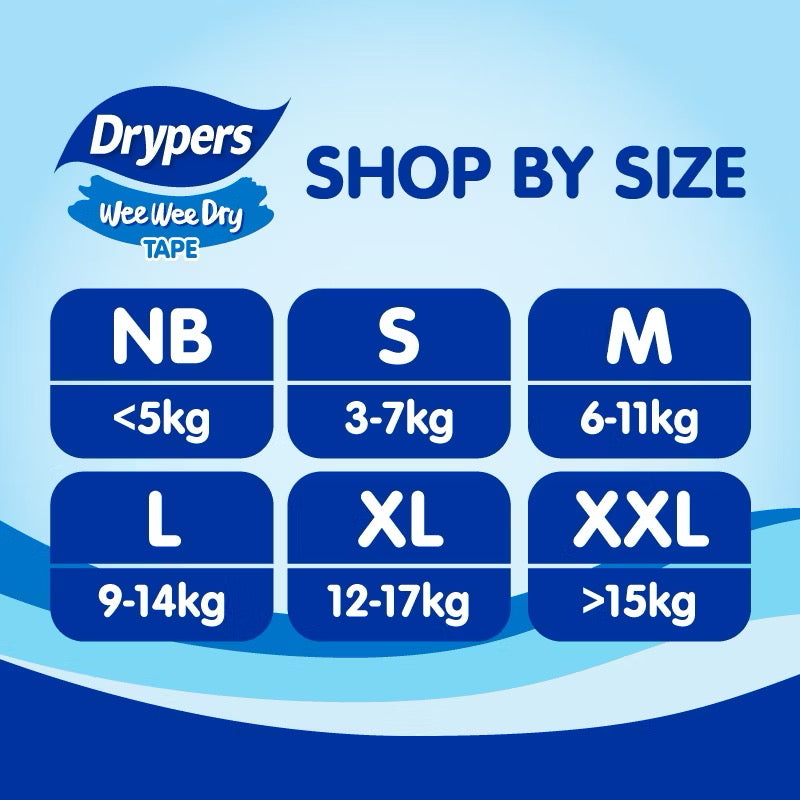 Drypers Wee Wee Dry Baby Diapers Mega Pack (Tape) SoftFit Comfort NB60/NB80/S80/M60/L58/XL50/XXL40