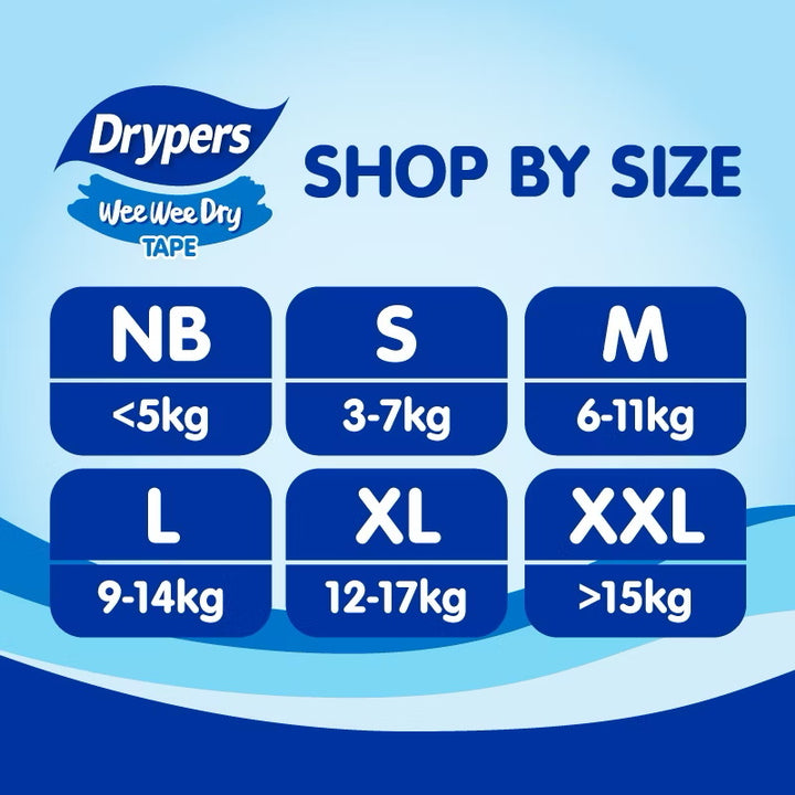 Drypers Wee Wee Dry Baby Diapers Mega Pack (Tape) SoftFit Comfort NB60/NB80/S80/M60/L58/XL50/XXL40