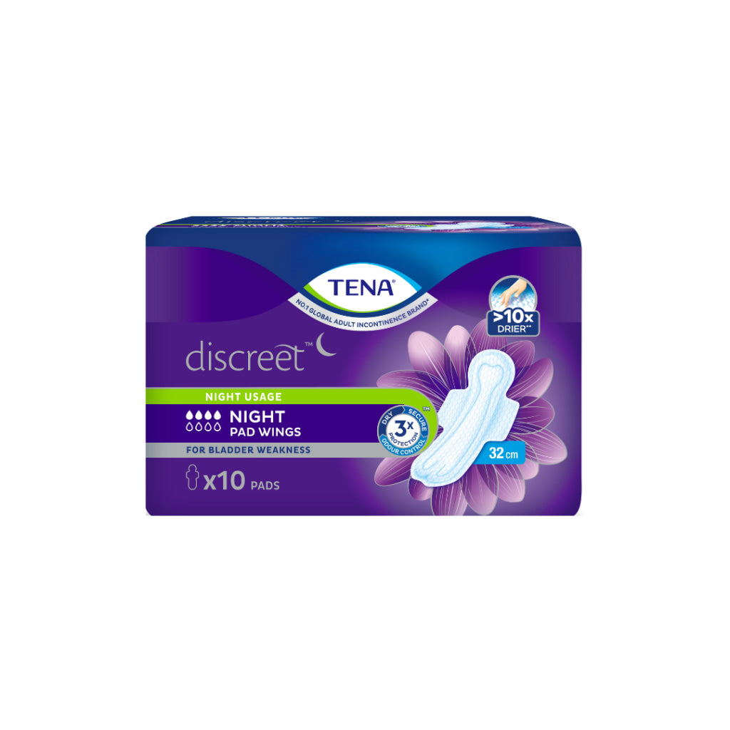 Tena Discreet Incontinence Pads Night Wing 32cm 10s
