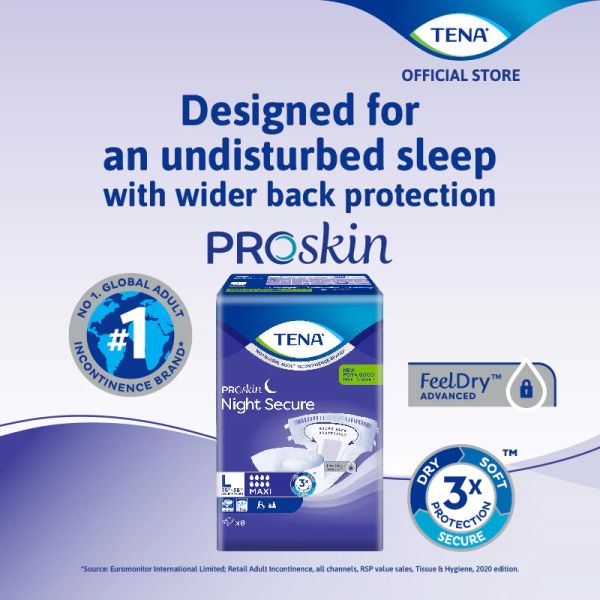 TENA Proskin Night Secure Incontinence Pads for Overnight Protection and Comfort - M9/L8