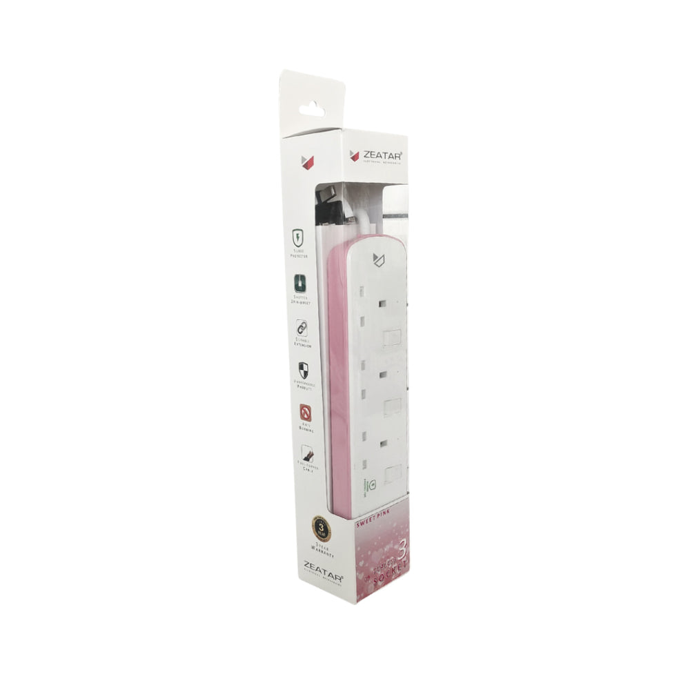 Zeatar Portable Socket 3 Way USB Surge 2M - Pink